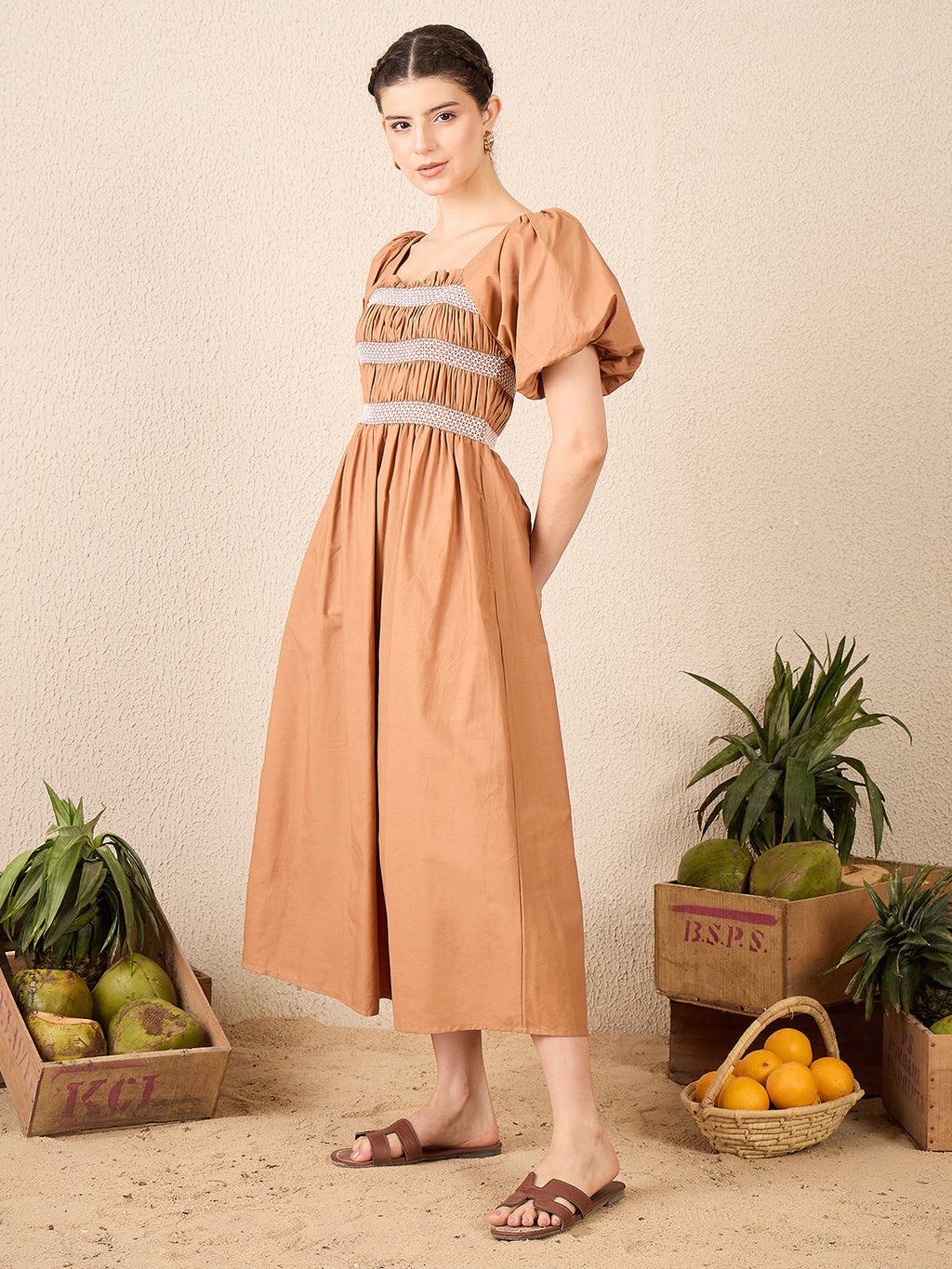 Puff Sleeve Smocked Cotton Midi Dress