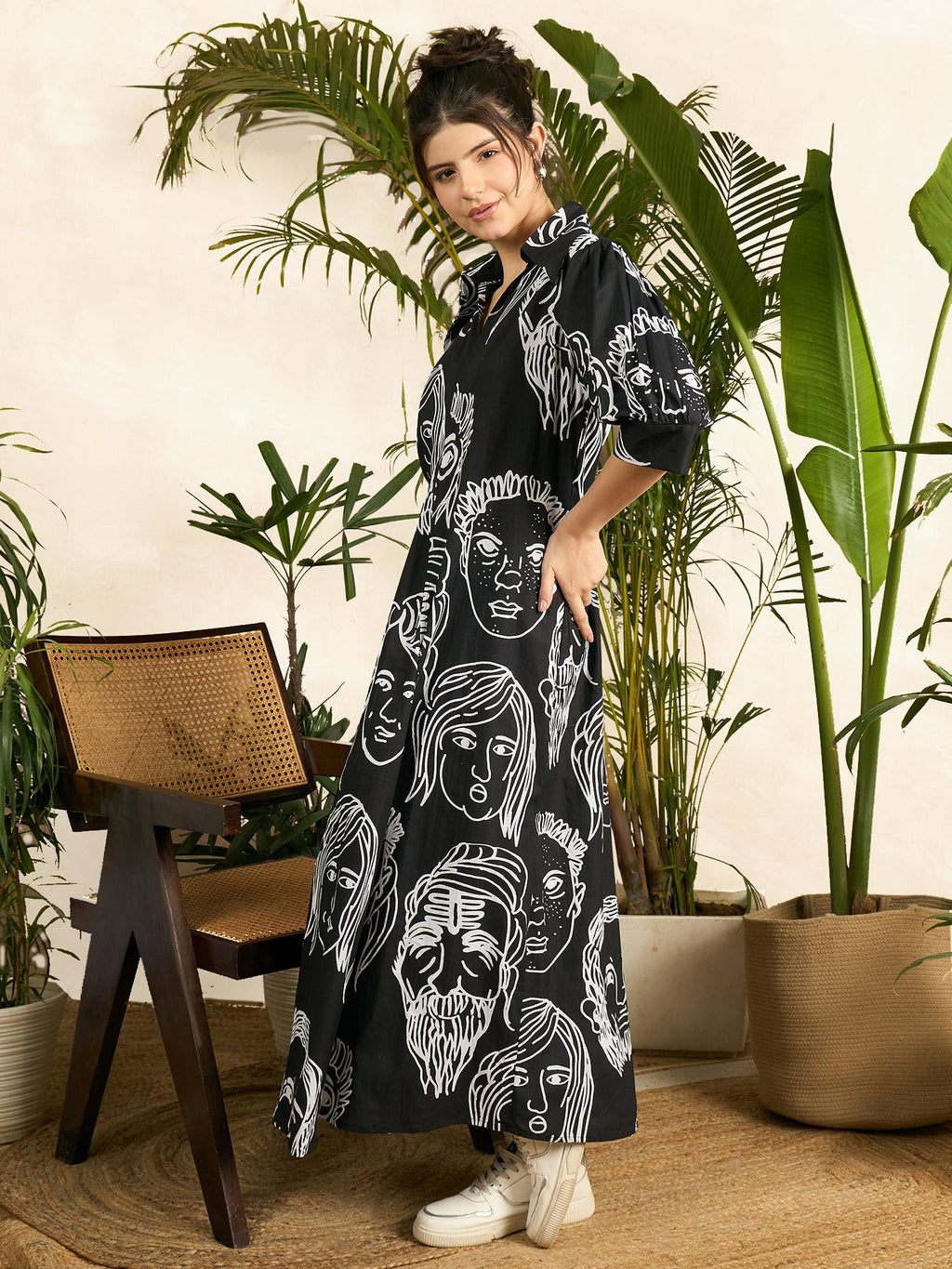 Front Pleated Cotton Midi Dress