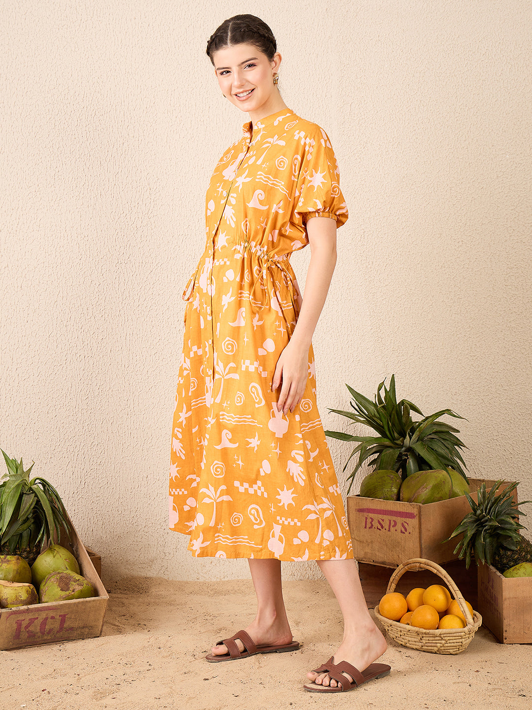 Cotton Side Waist Tie-Up Midi Dress