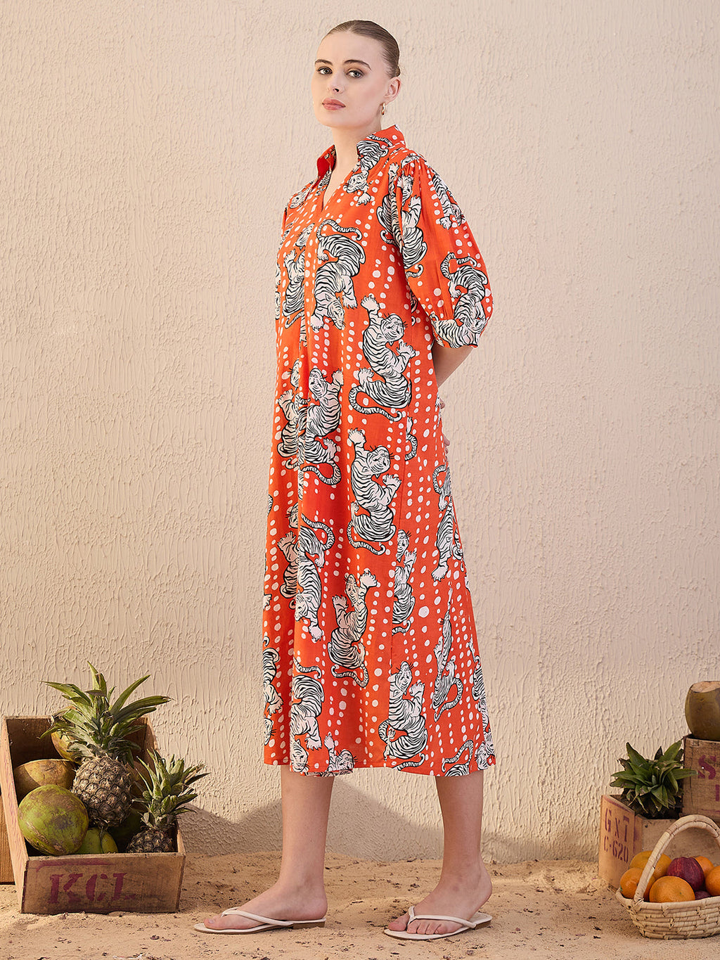 Front Pleated Cotton Midi Dress