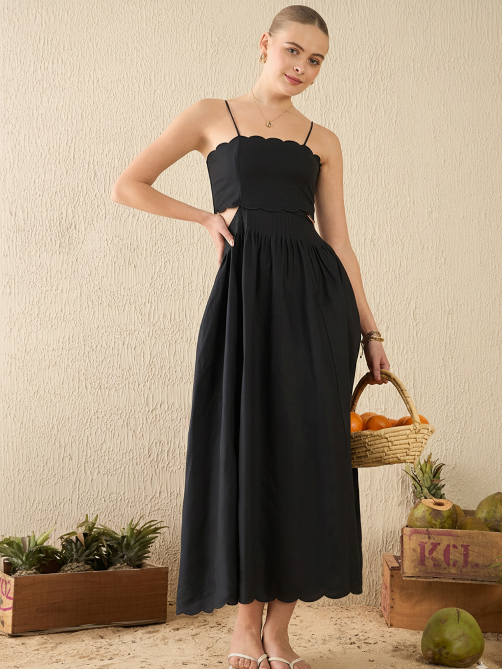 Scalloped Fit and Flare Midi Cotton Dress