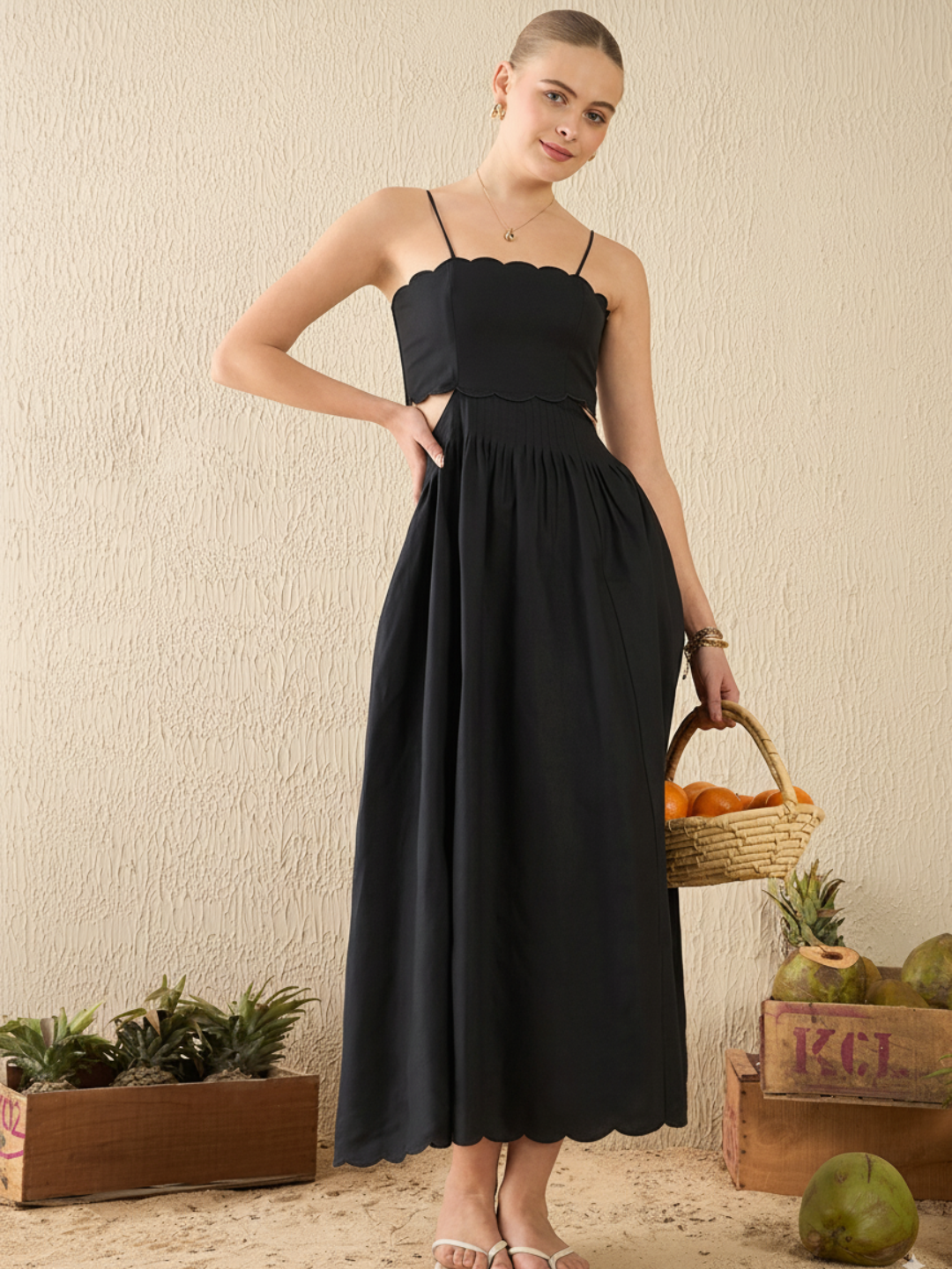 Scalloped Fit and Flare Midi Cotton Dress