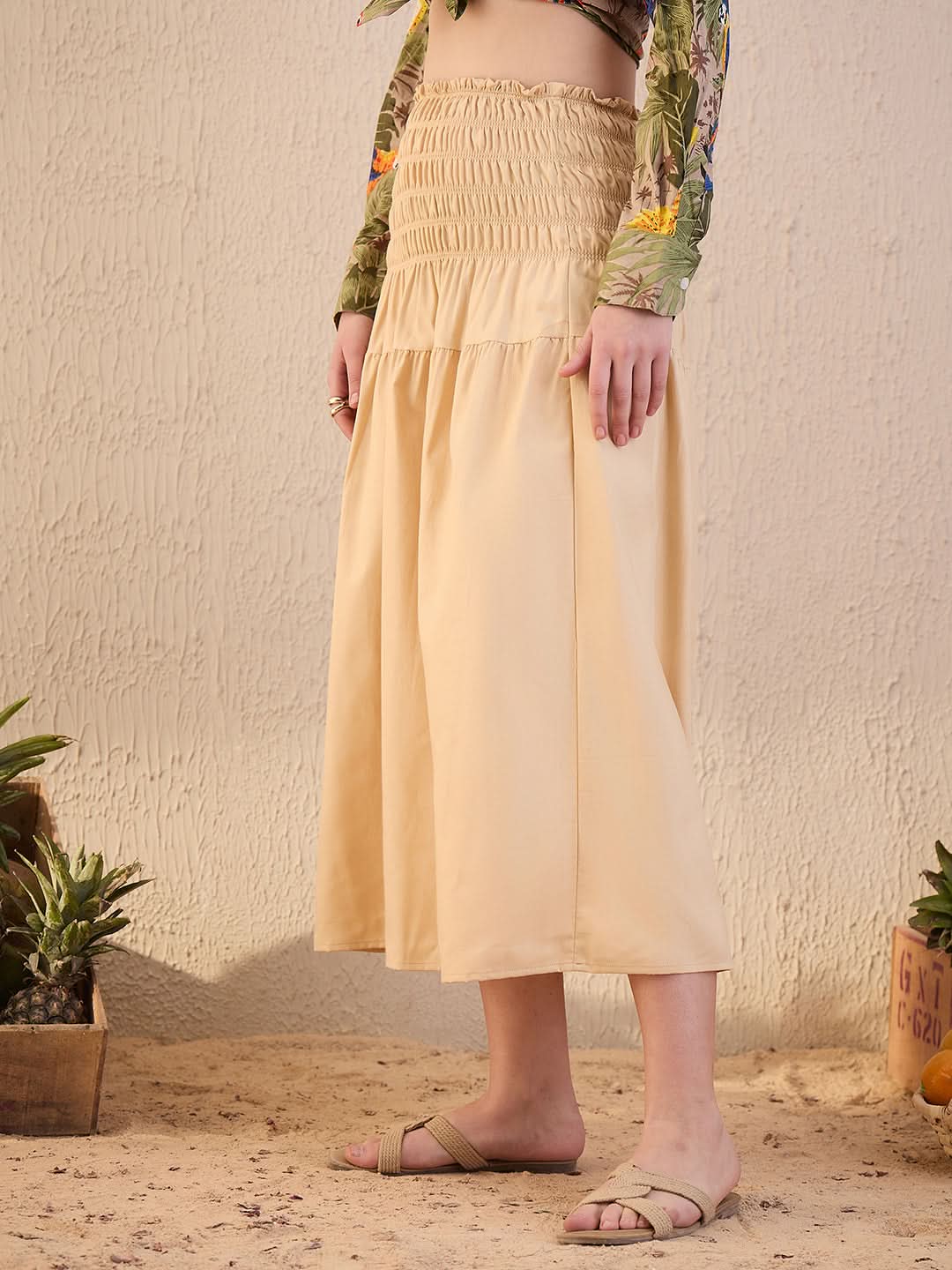 Smocked High-waist Cotton Midi Skirt