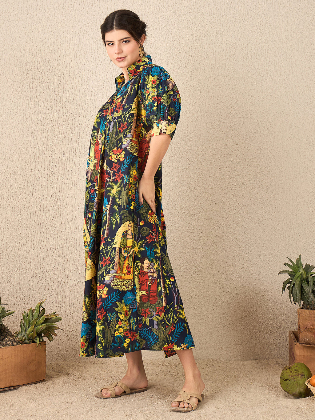 Front Pleated Cotton Midi Dress