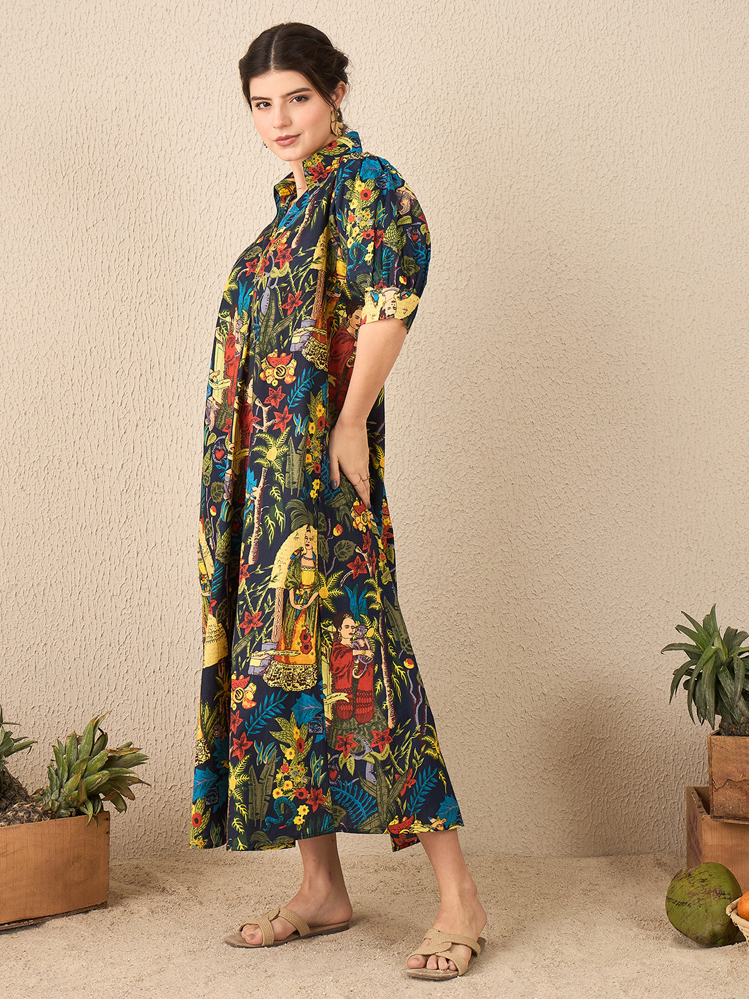 Front Pleated Cotton Midi Dress