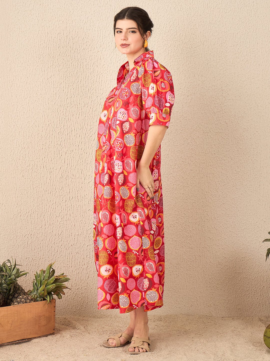 Front Pleated Cotton Midi Dress
