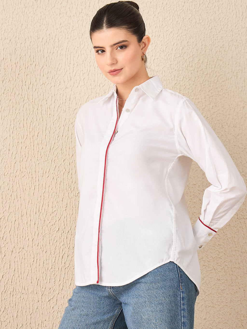 Square Grid Floral Embroidered Cotton Shirt