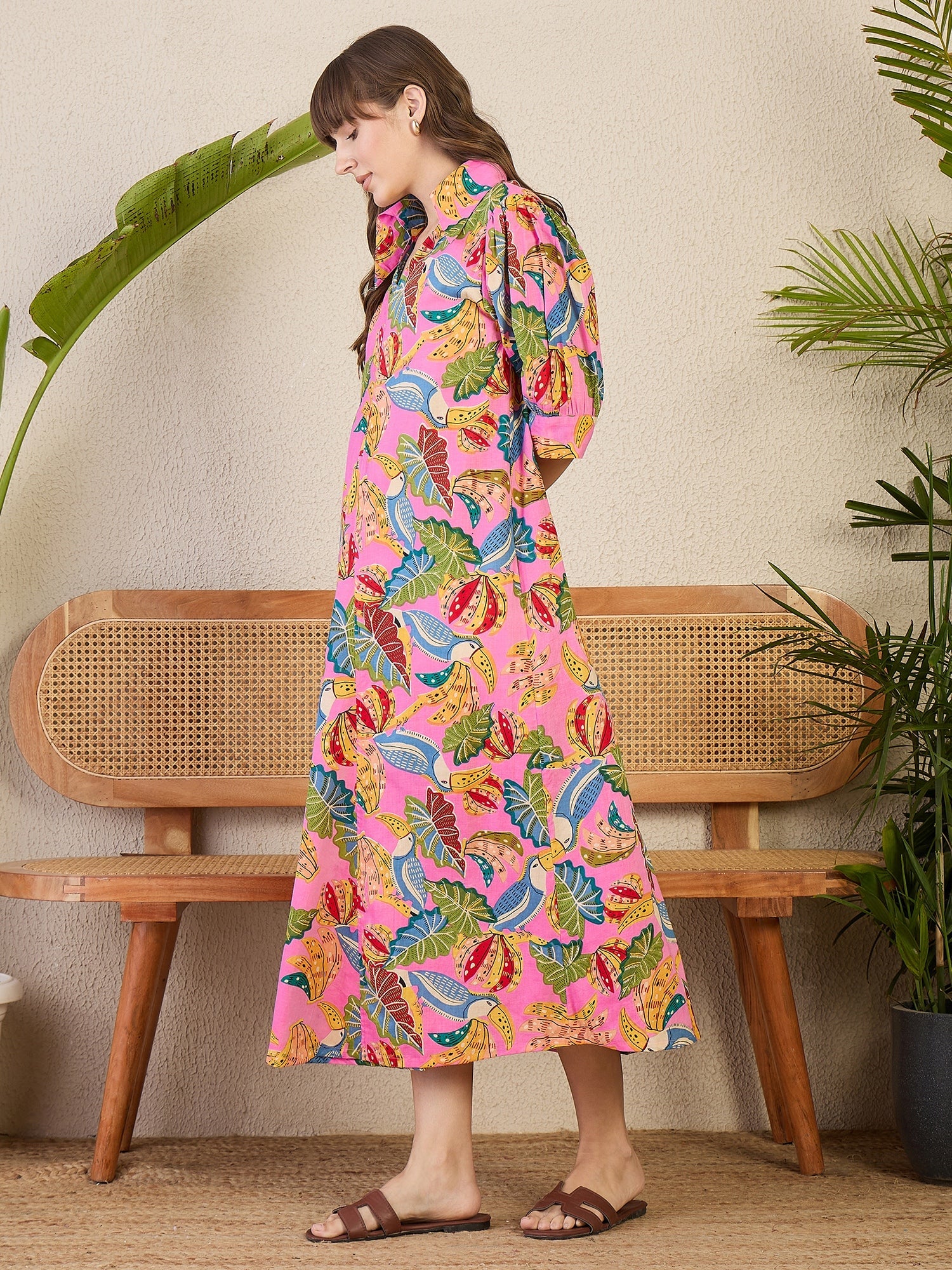 Front Pleated Cotton Midi Dress