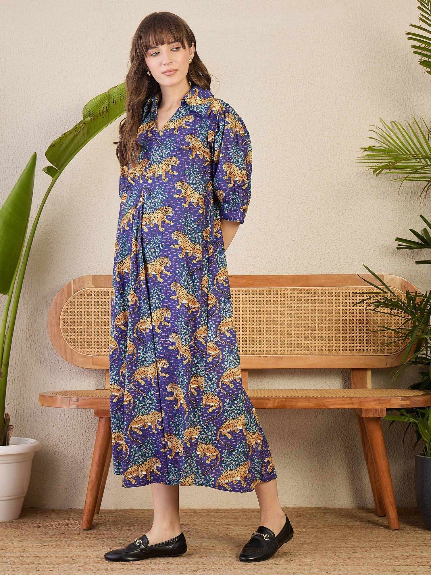 Front Pleated Cotton Midi Dress