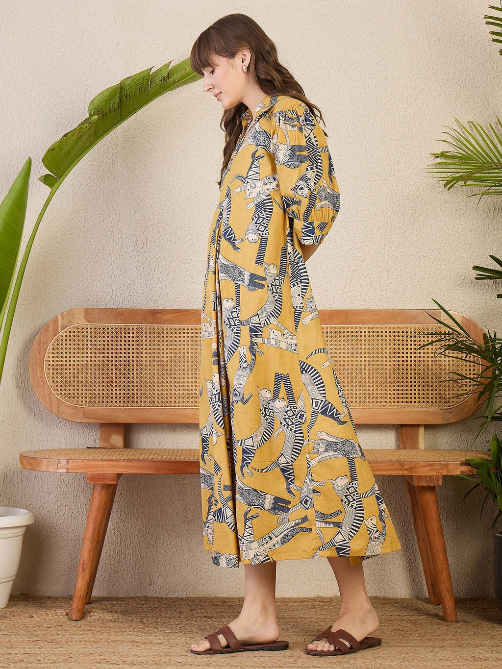 Front Pleated Cotton Midi Dress