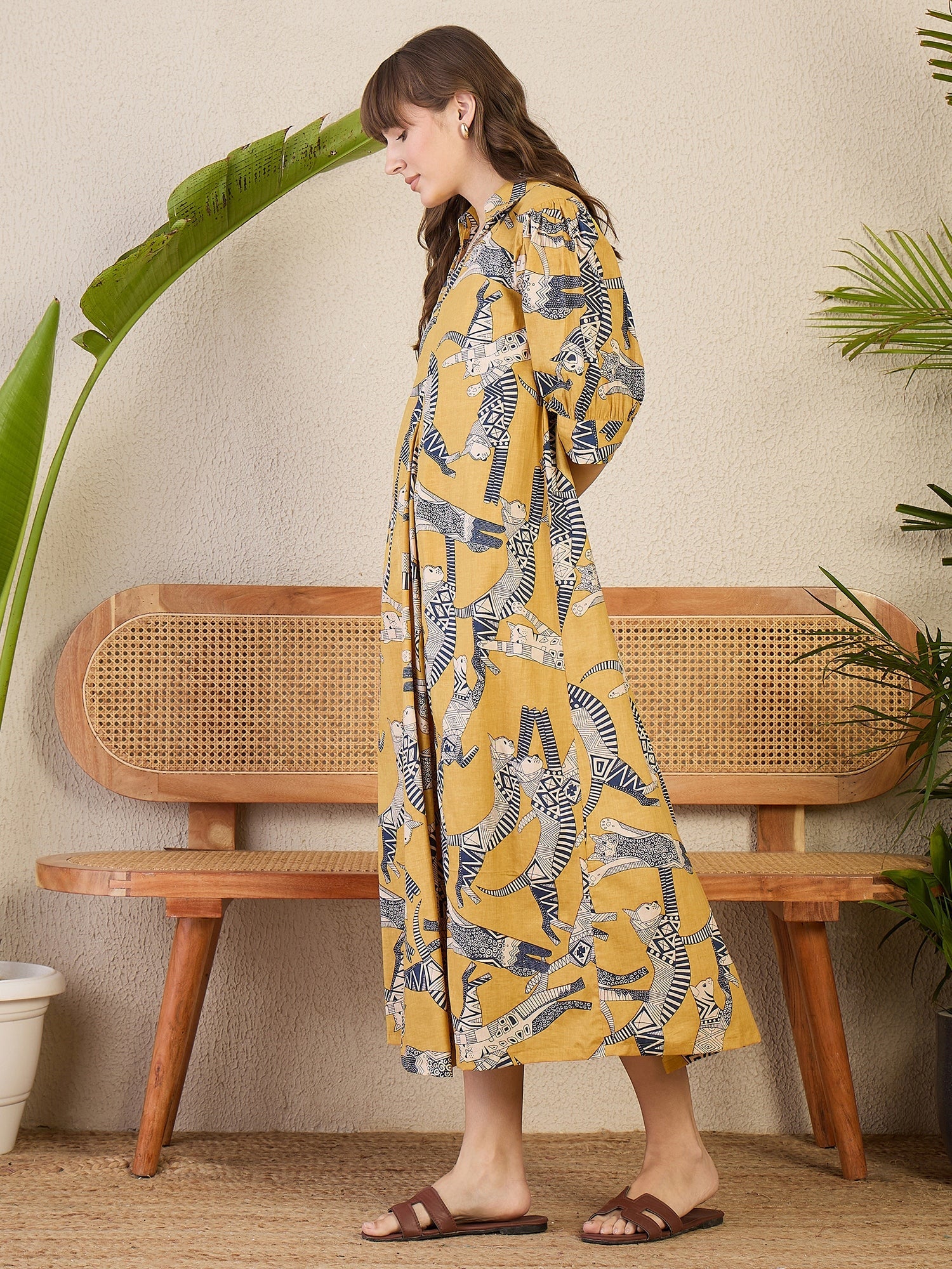 Front Pleated Cotton Midi Dress