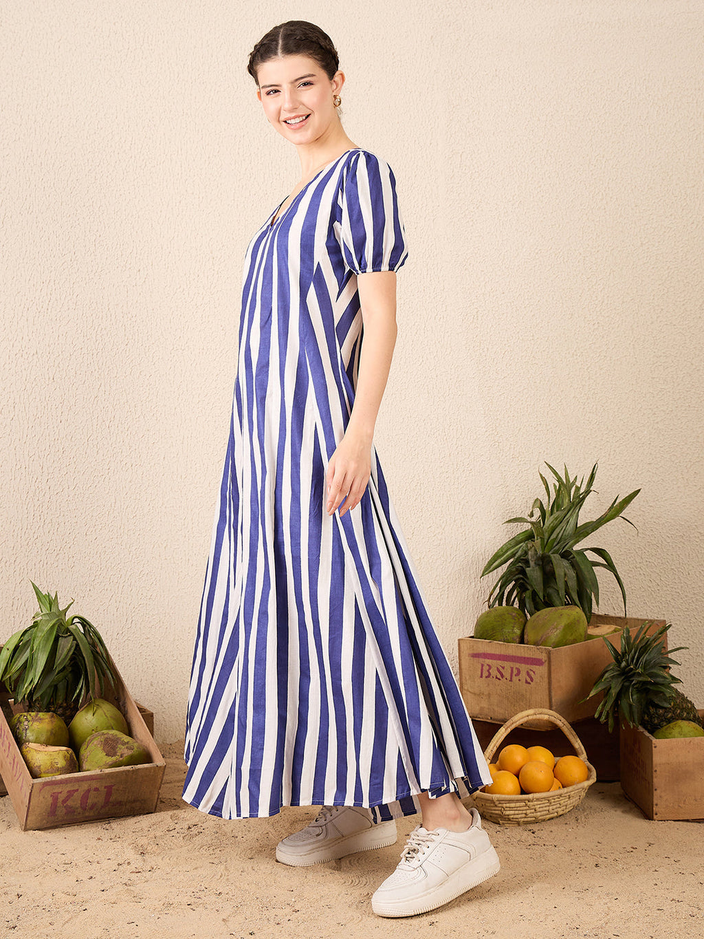 Puff Sleeve A-Line Cotton Maxi Dress