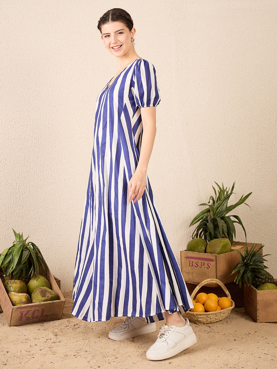Puff Sleeve A-Line Cotton Maxi Dress