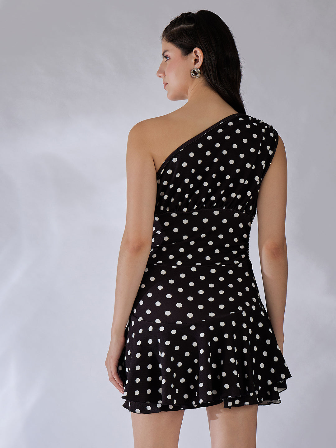 Stretchable One Shoulder Ruffle Trim Mini Dress