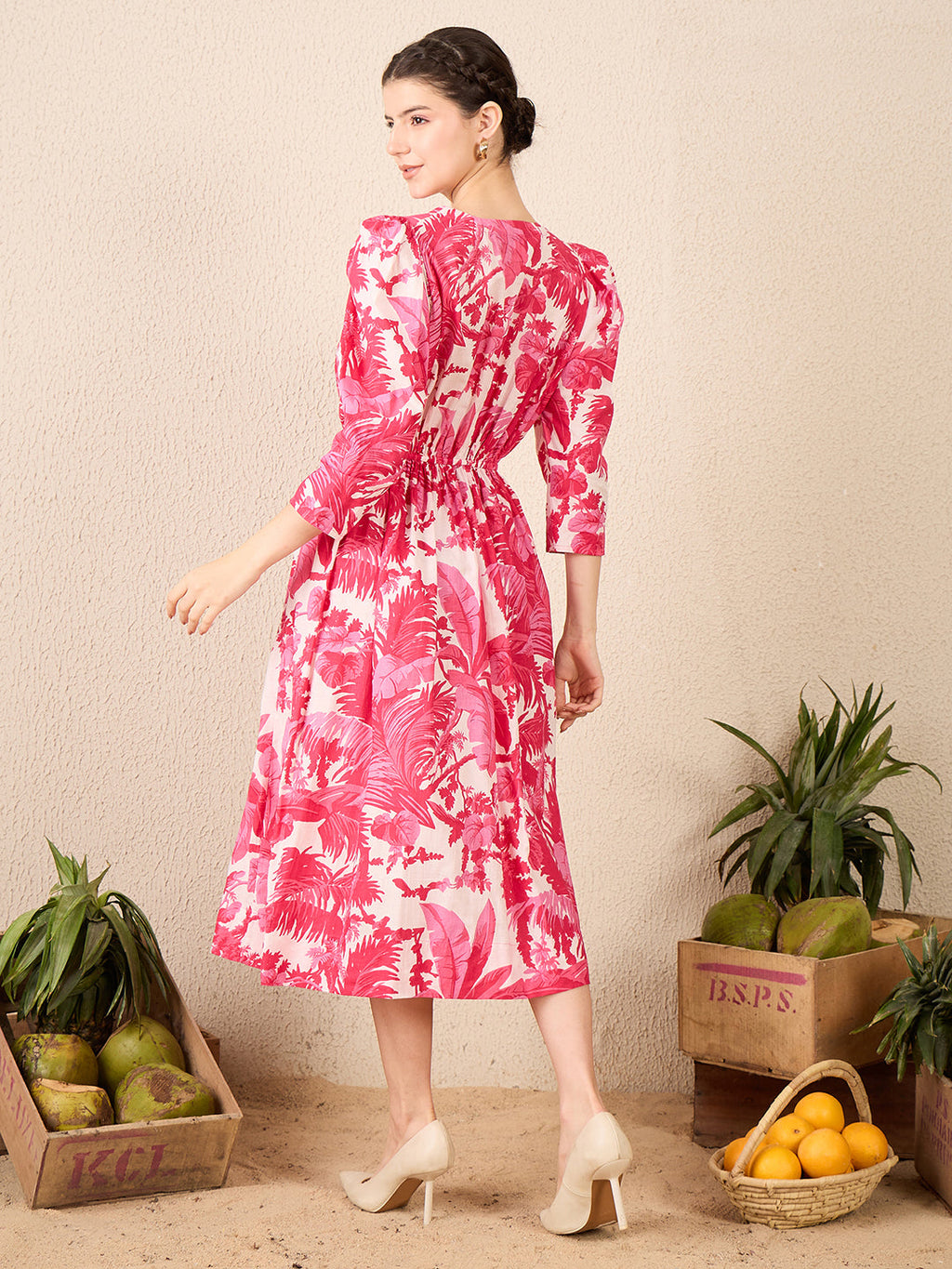 Puffed Sleeve Cotton Midi Dress