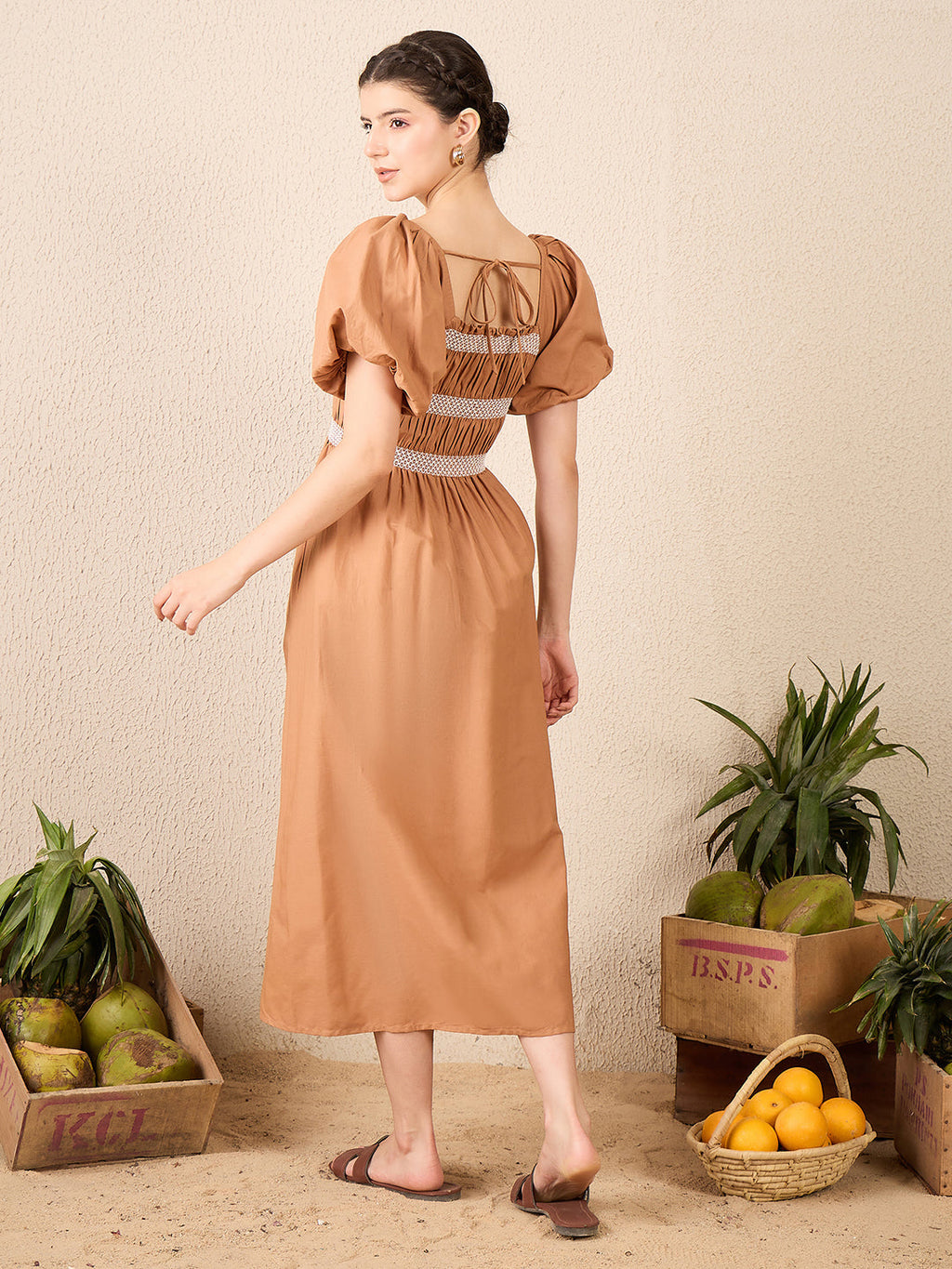 Puff Sleeve Smocked Cotton Midi Dress
