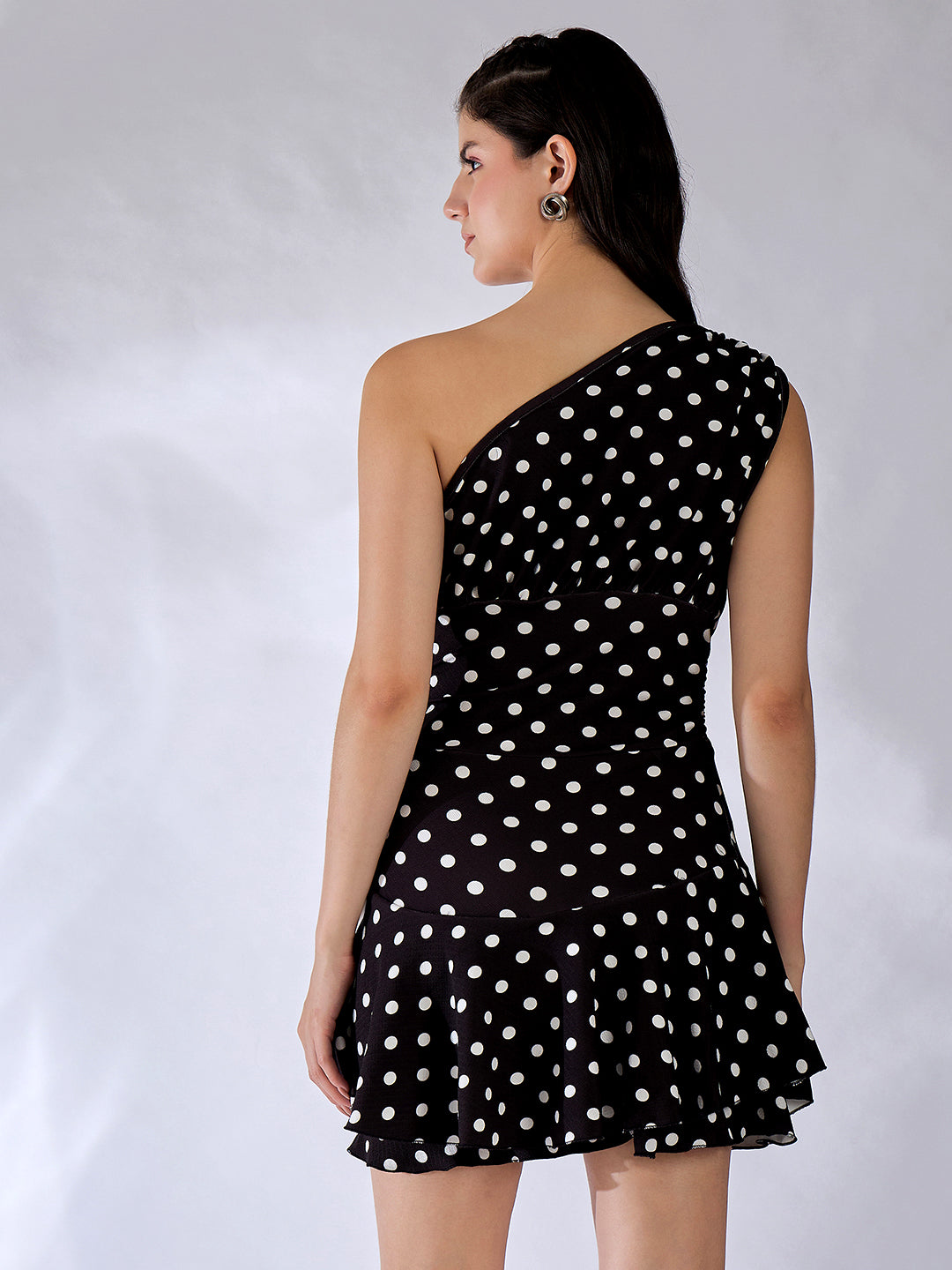 Stretchable One Shoulder Ruffle Trim Mini Dress