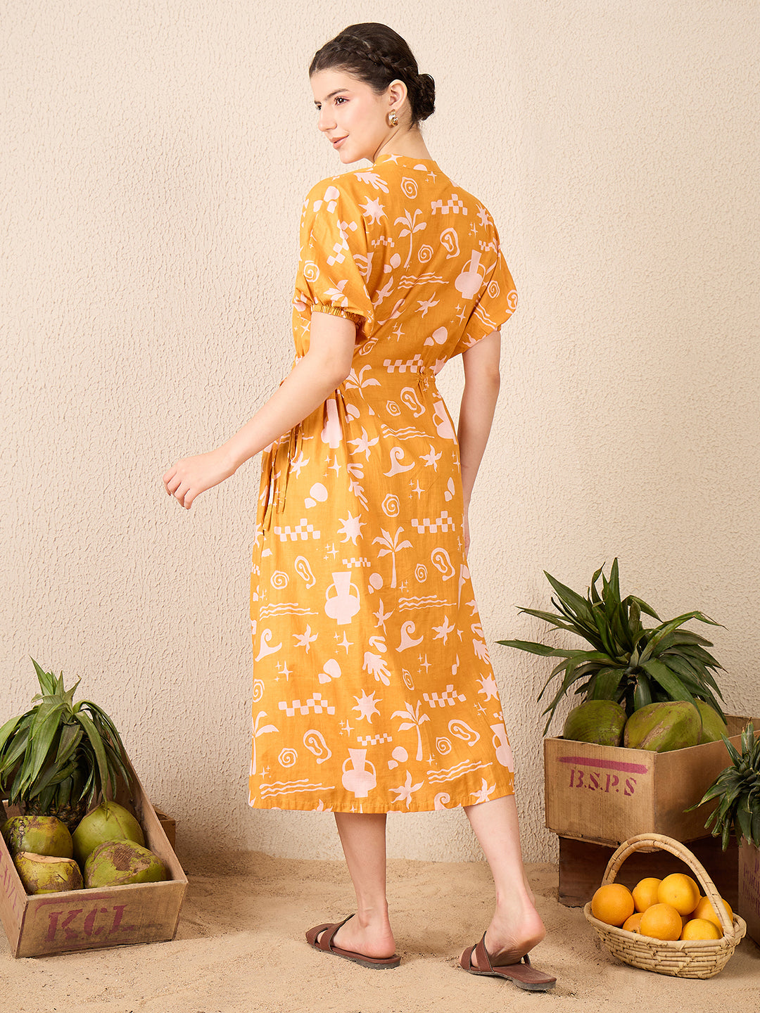 Cotton Side Waist Tie-Up Midi Dress