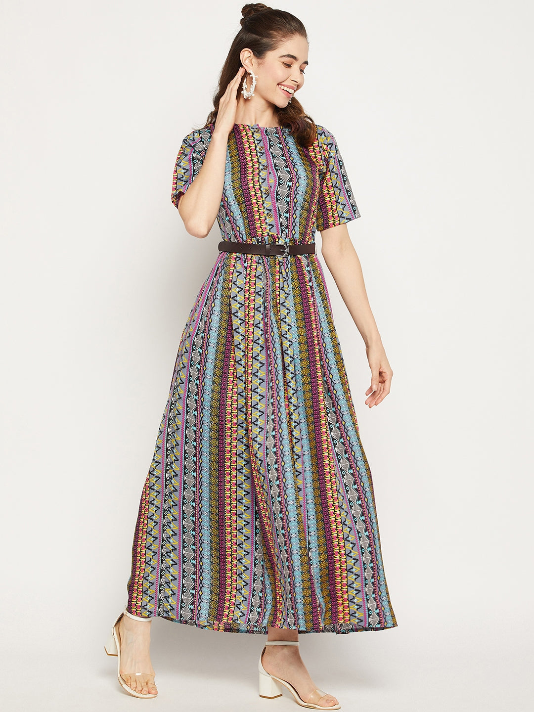 Printed Maxi Dress with Belt