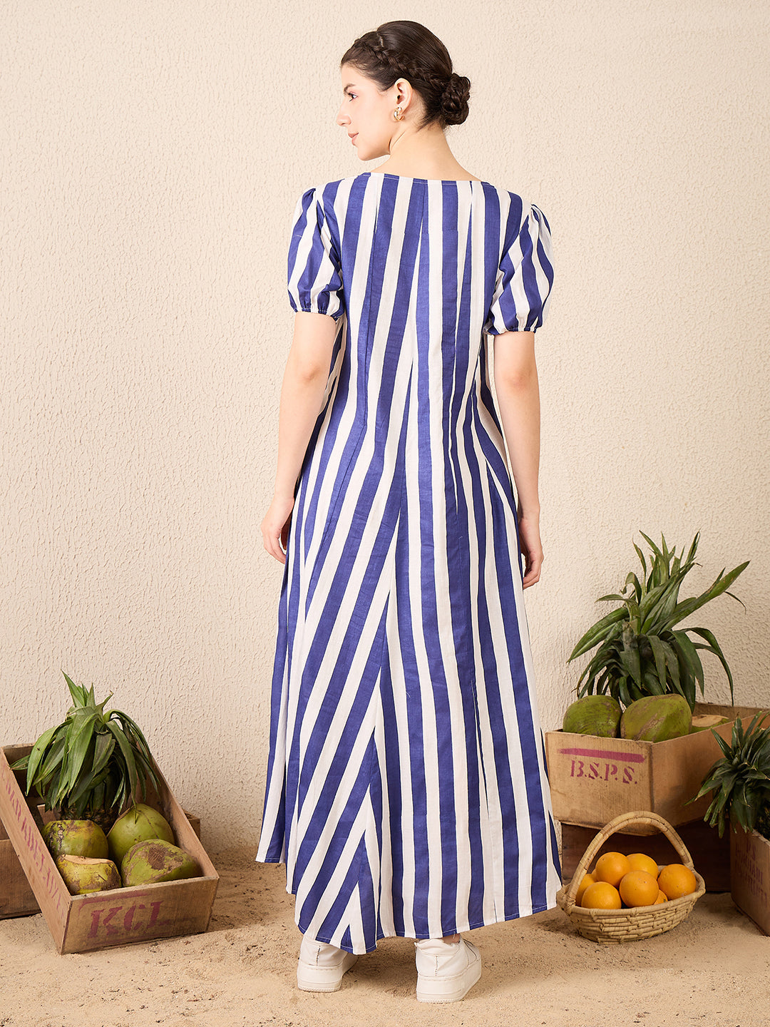 Puff Sleeve A-Line Cotton Maxi Dress