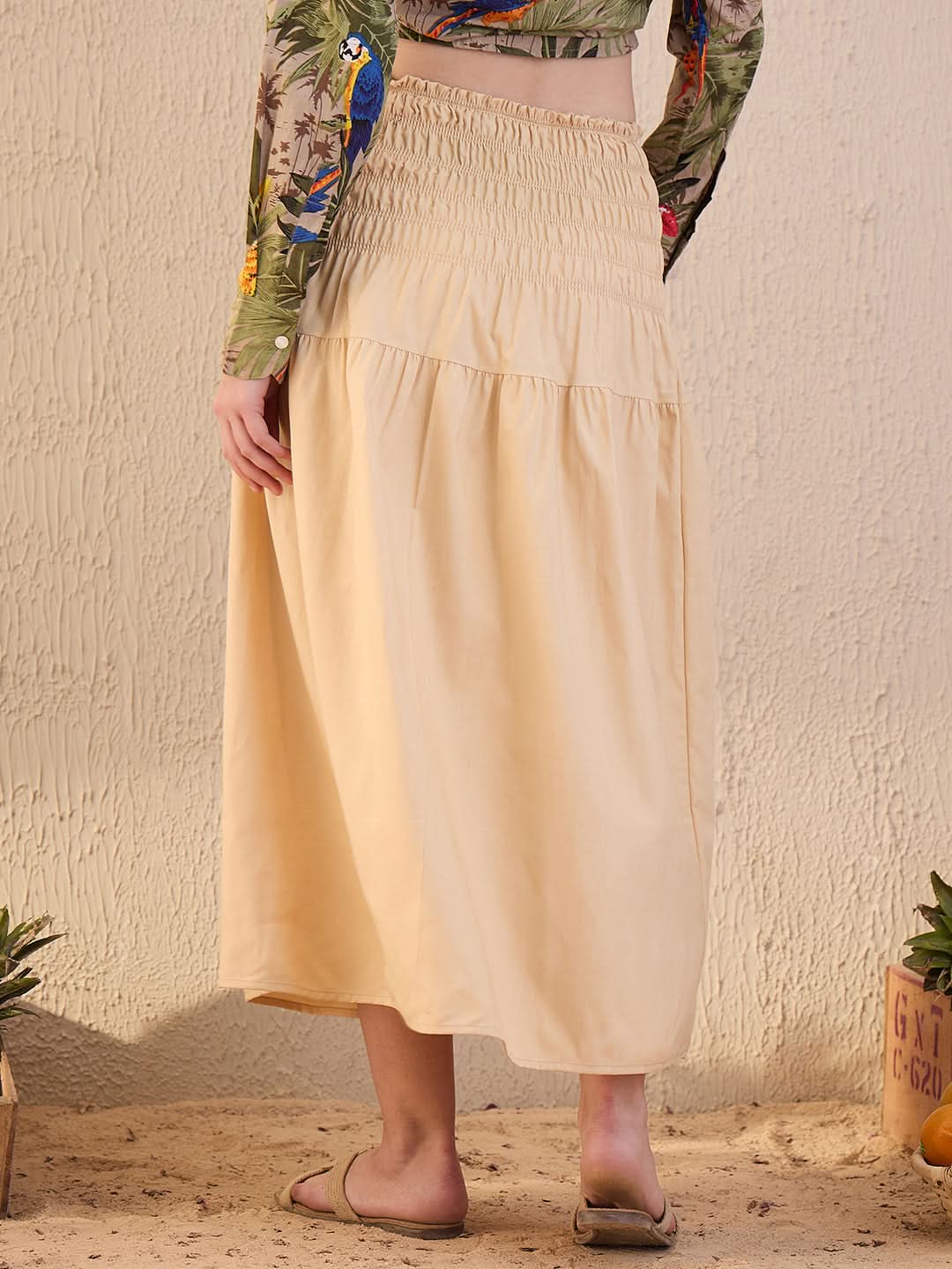 Smocked High-waist Cotton Midi Skirt
