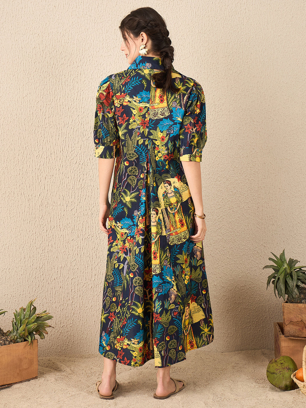Front Pleated Cotton Midi Dress