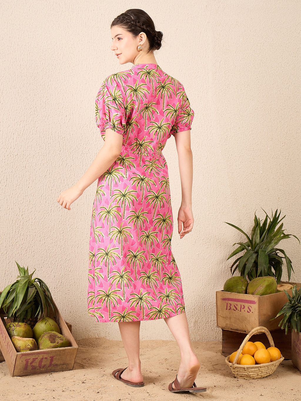 Cotton Side Waist Tie-Up Midi Dress