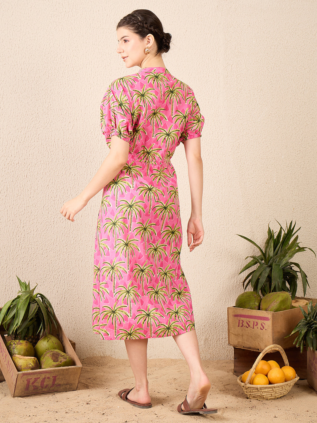 Cotton Side Waist Tie-Up Midi Dress