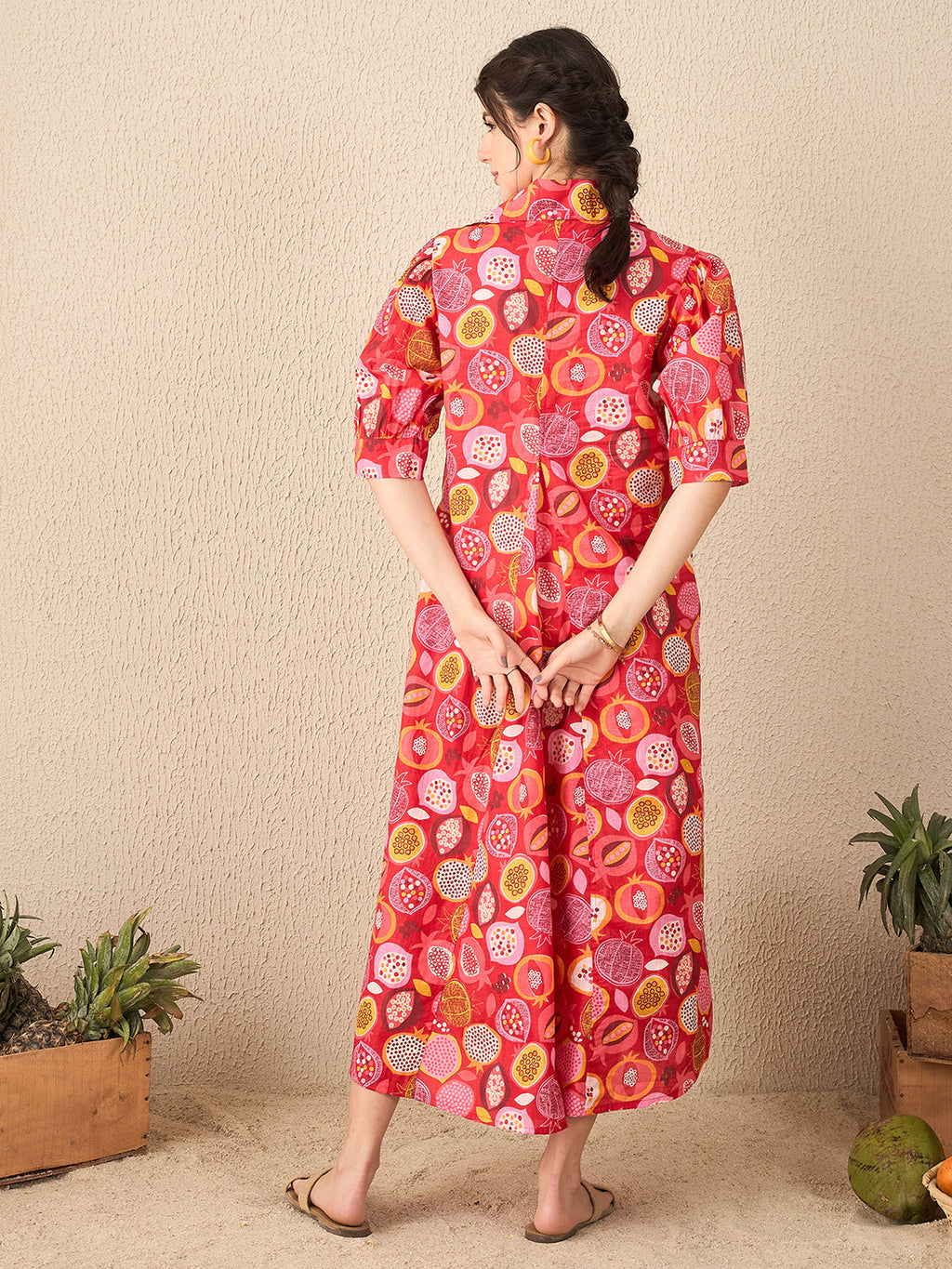 Front Pleated Cotton Midi Dress