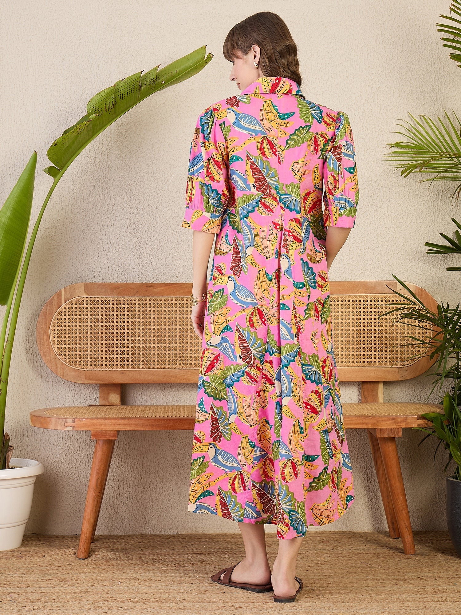 Front Pleated Cotton Midi Dress