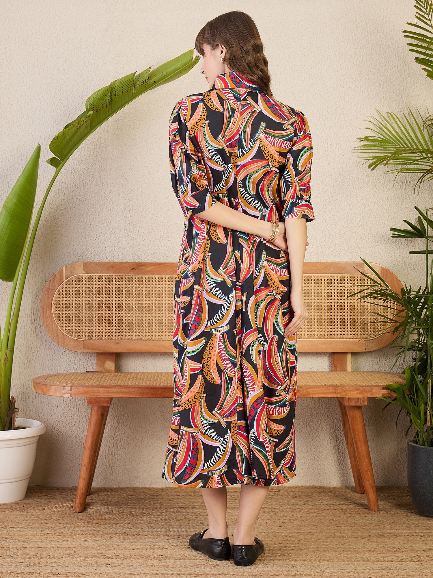 Front Pleated Cotton Midi Dress