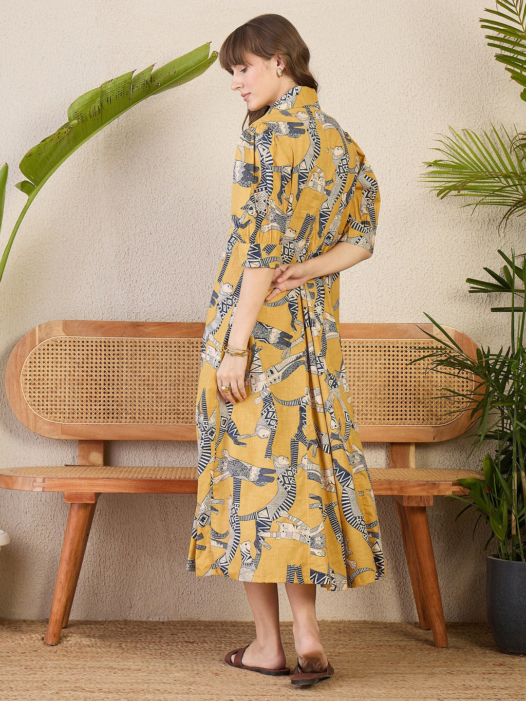 Front Pleated Cotton Midi Dress