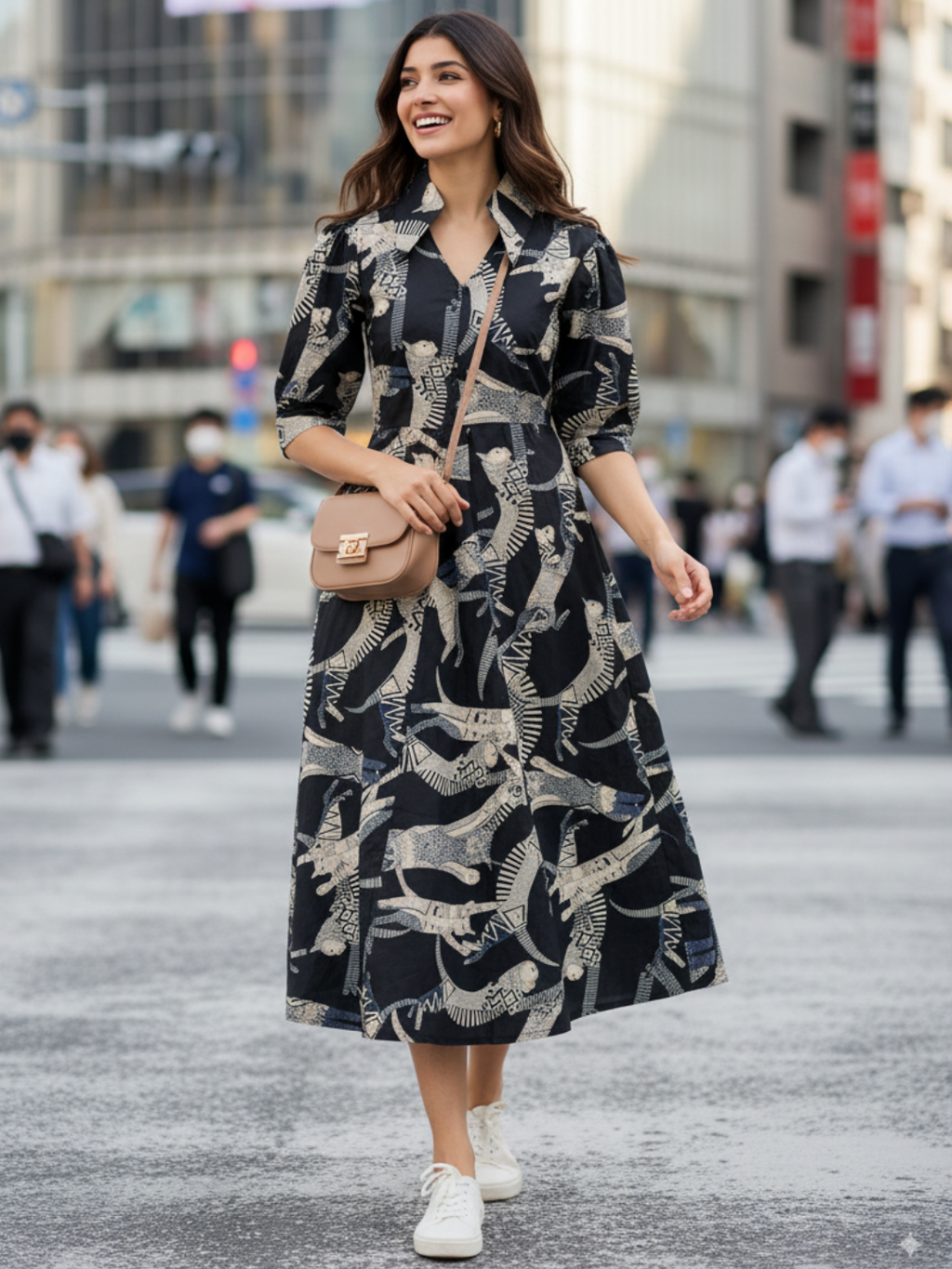 Front Pleated Cotton Midi Dress - Uptownie