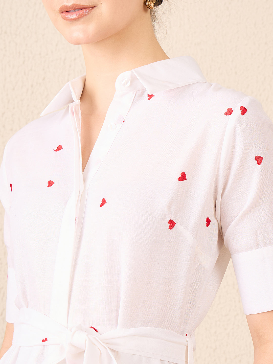 Cotton Buttoned Down Shirt Dress With Belt