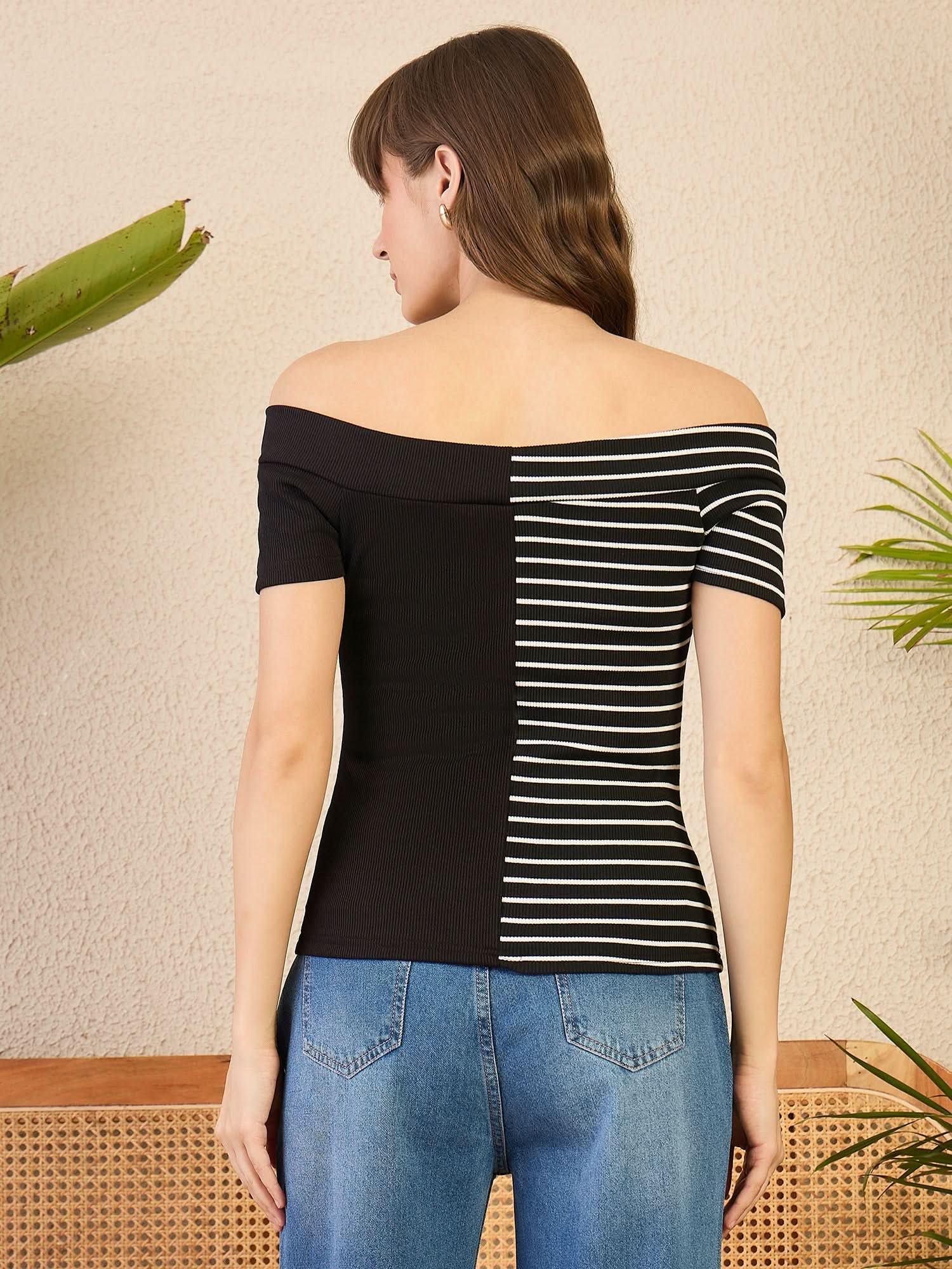 Stretchable Colorblock Off Shoulder Ribbed Top