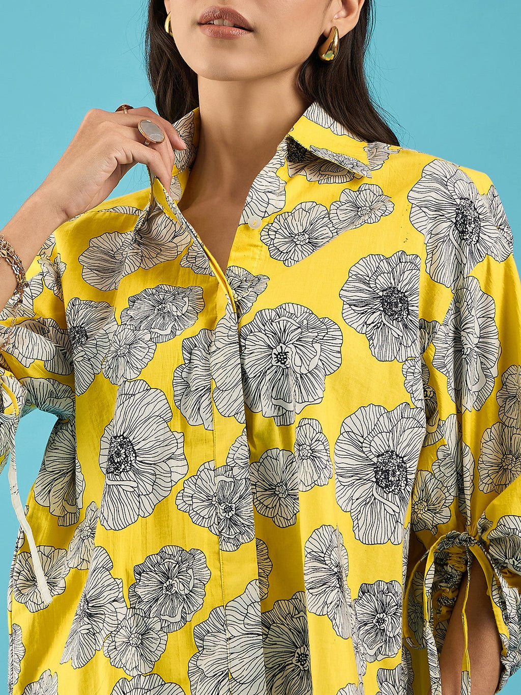 Printed Cotton Shirt with Tie Up Sleeves