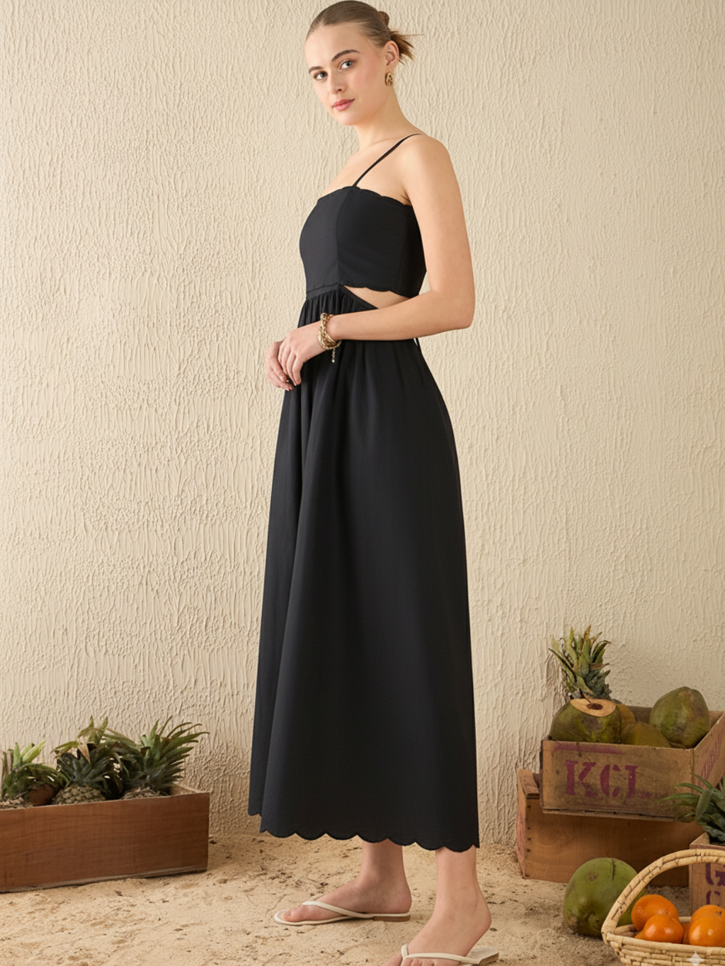 Scalloped Fit and Flare Midi Cotton Dress