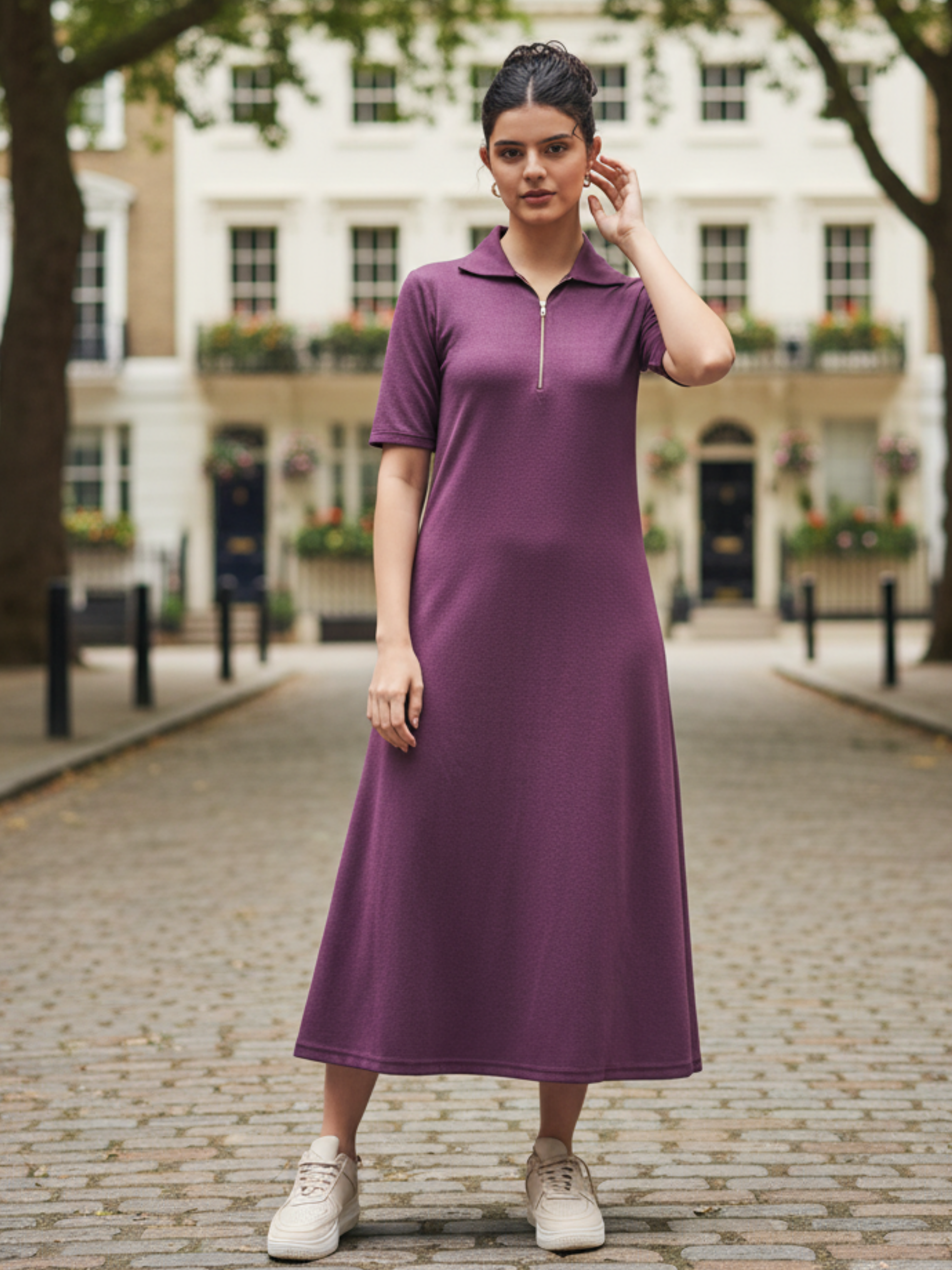 Stretchable Front Zip-up Midi Dress - Uptownie