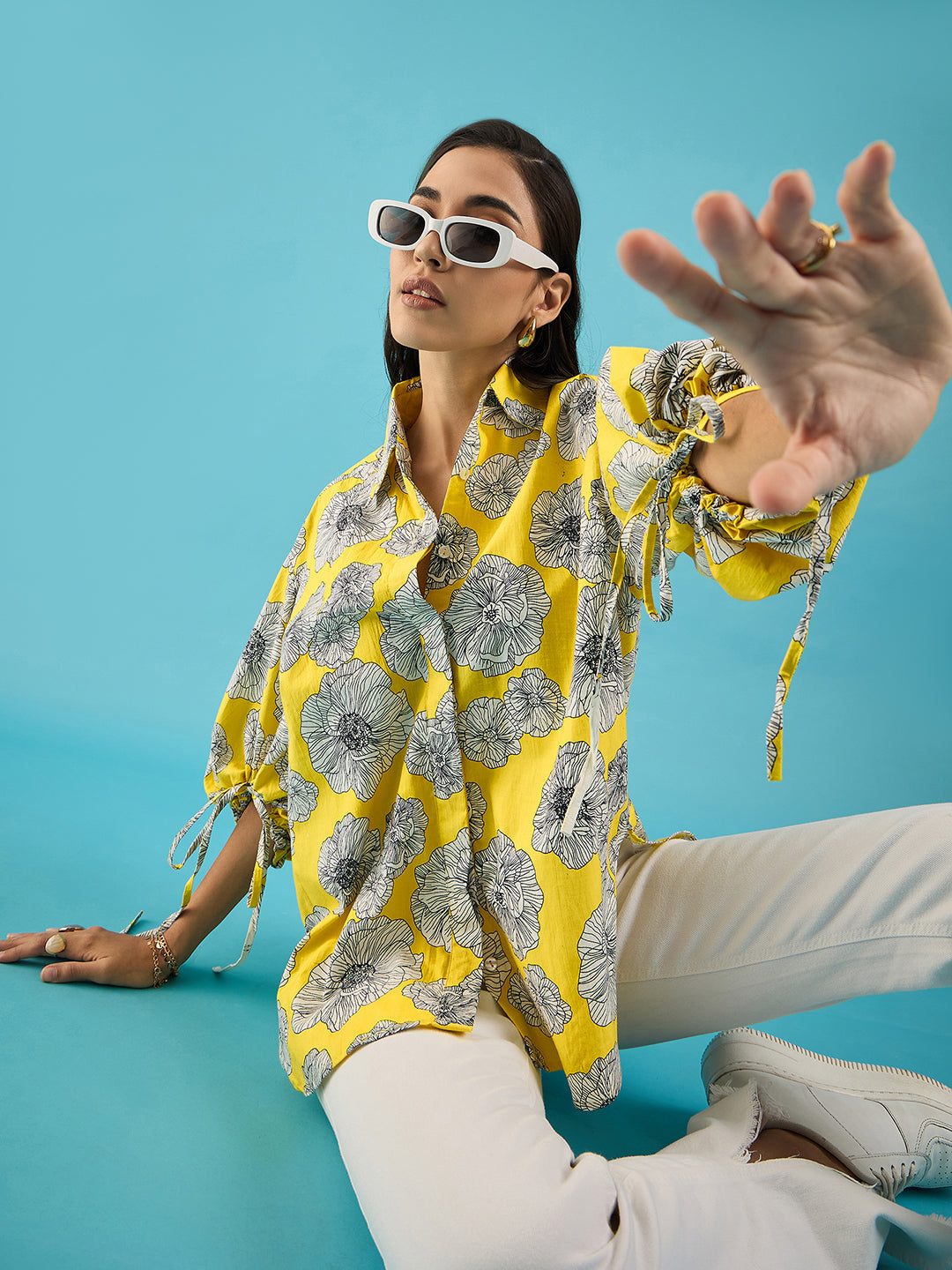 Printed Cotton Shirt with Tie Up Sleeves - Uptownie