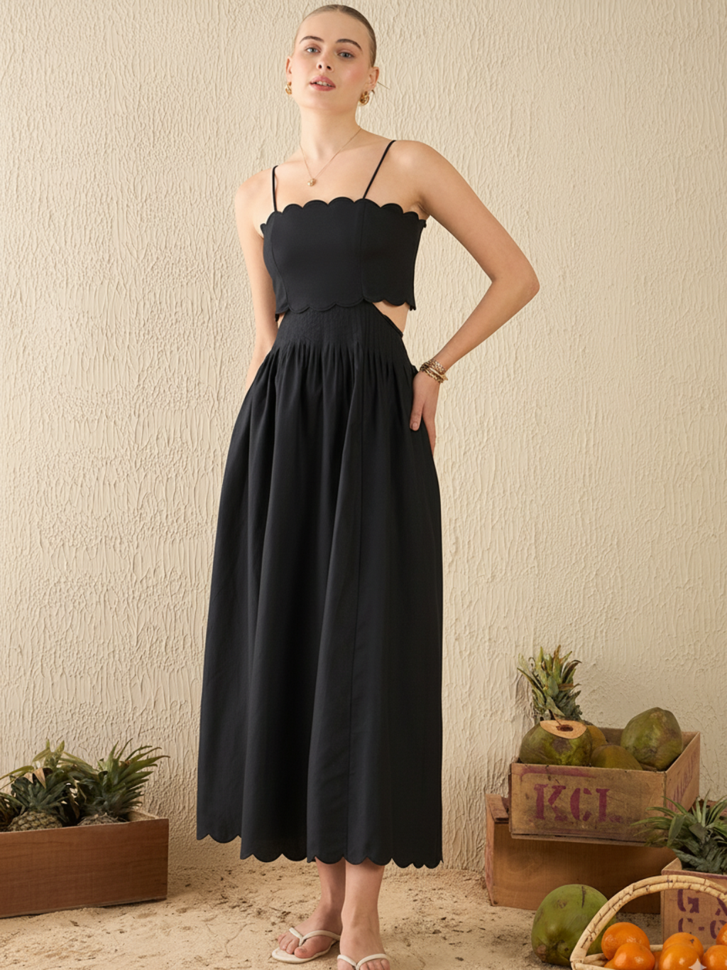 Scalloped Fit and Flare Midi Cotton Dress