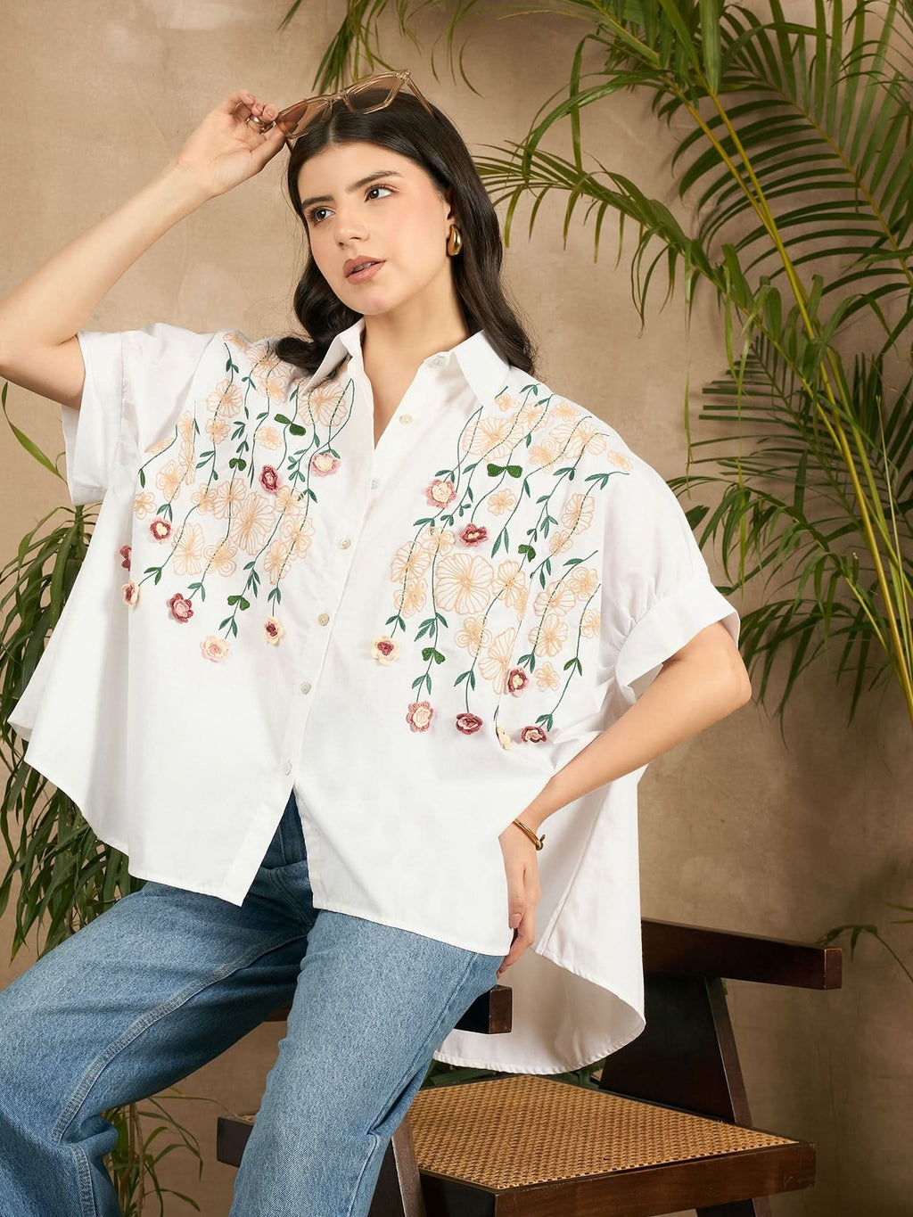 Cotton Anti-fit Crochet Floral Shirt