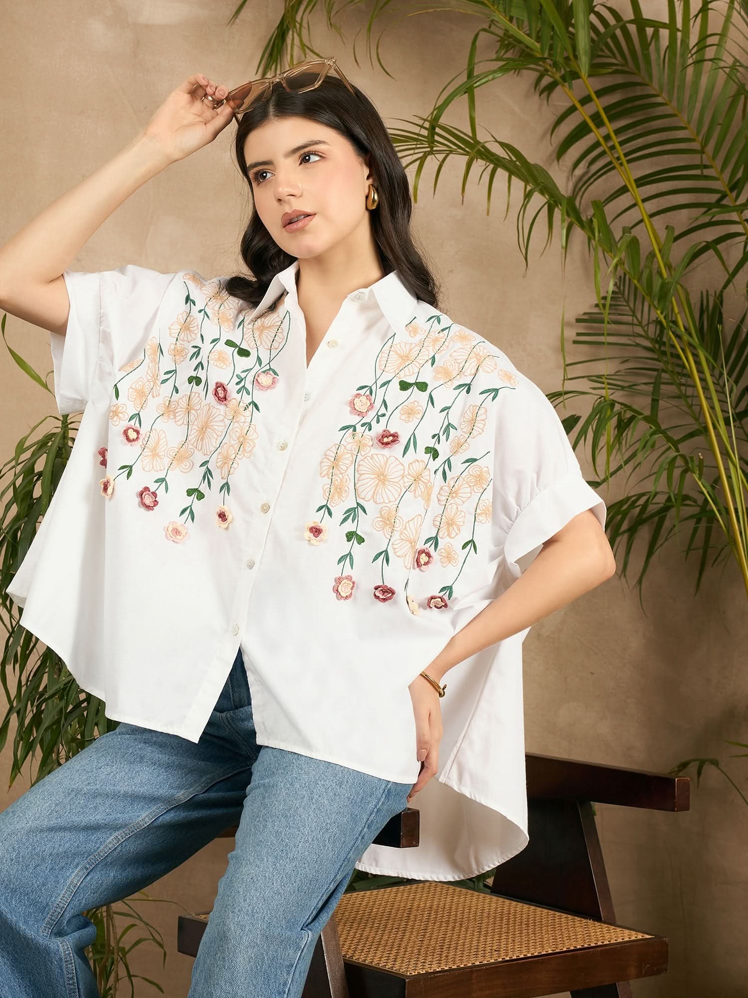 Cotton Anti-fit Crochet Floral Shirt