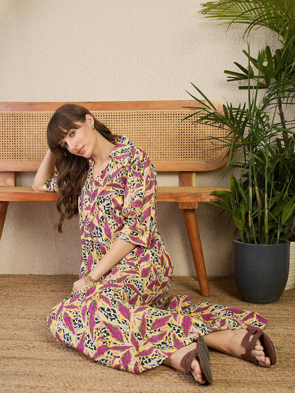Front Pleated Cotton Midi Dress