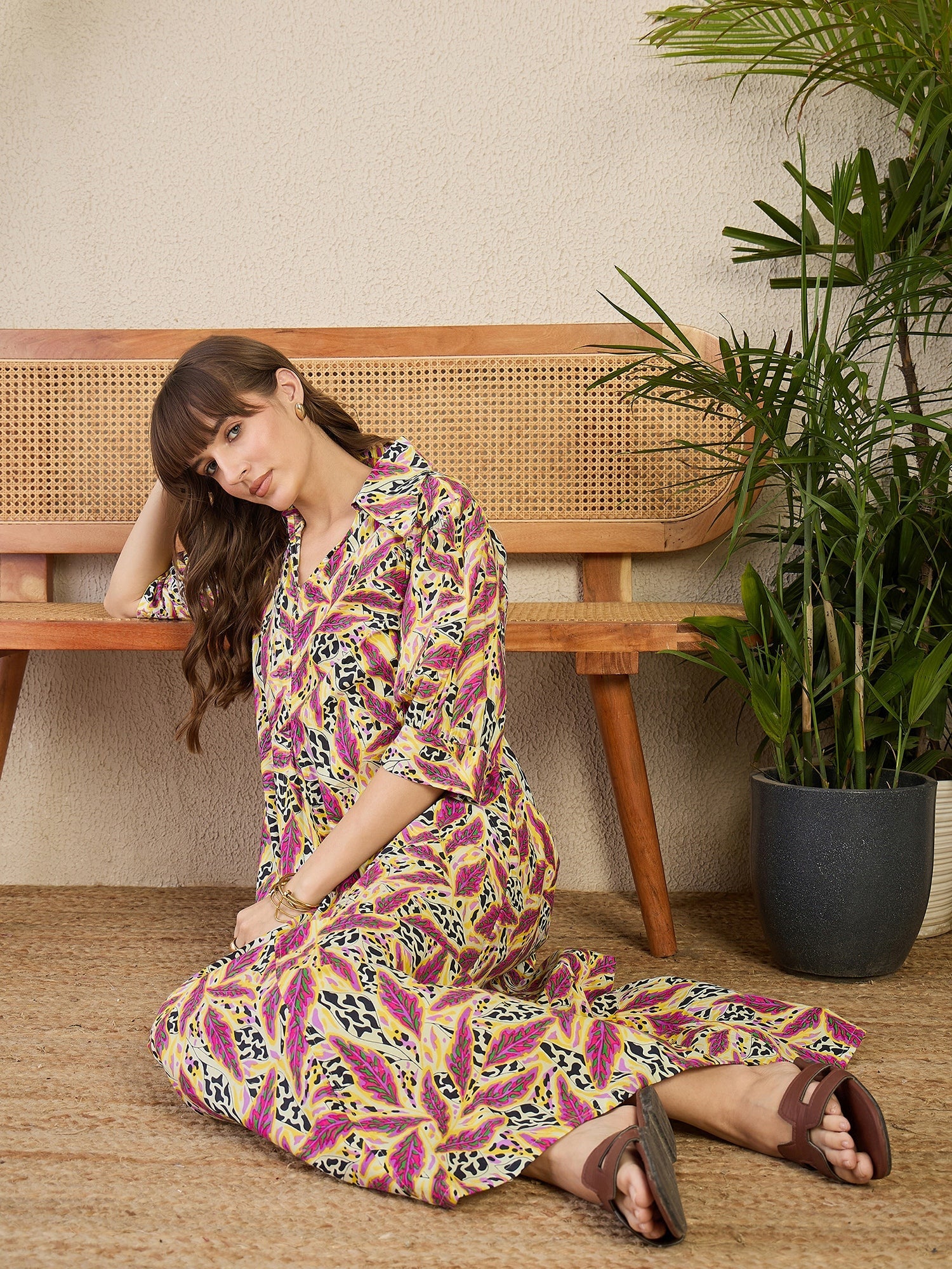 Front Pleated Cotton Midi Dress