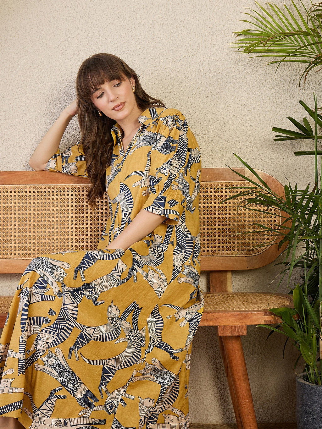 Front Pleated Cotton Midi Dress