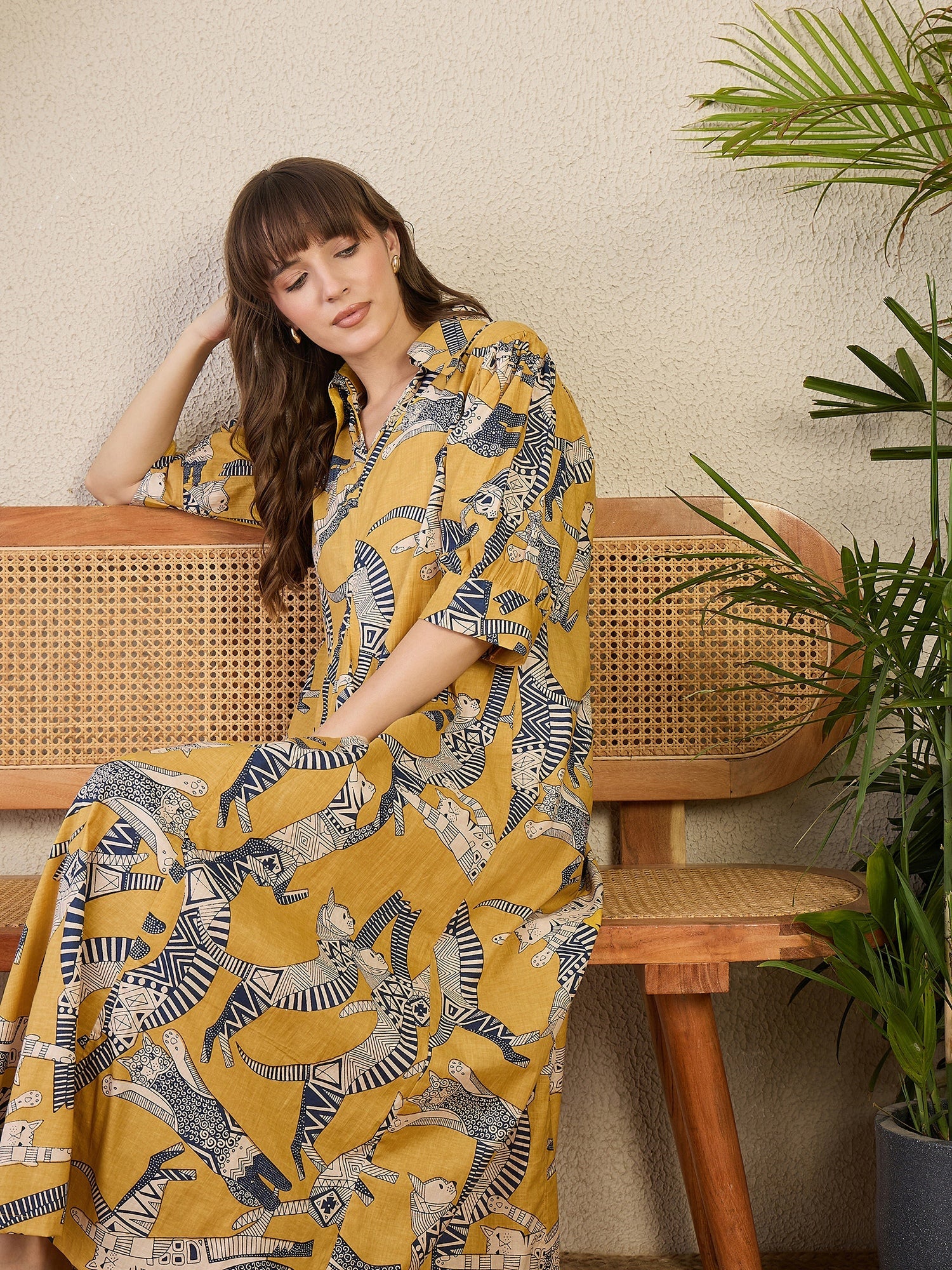 Front Pleated Cotton Midi Dress