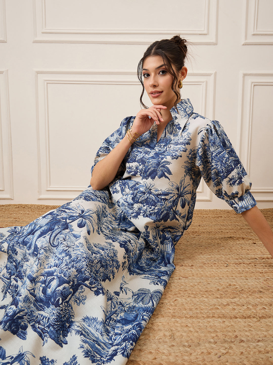Front Pleated Cotton Midi Dress