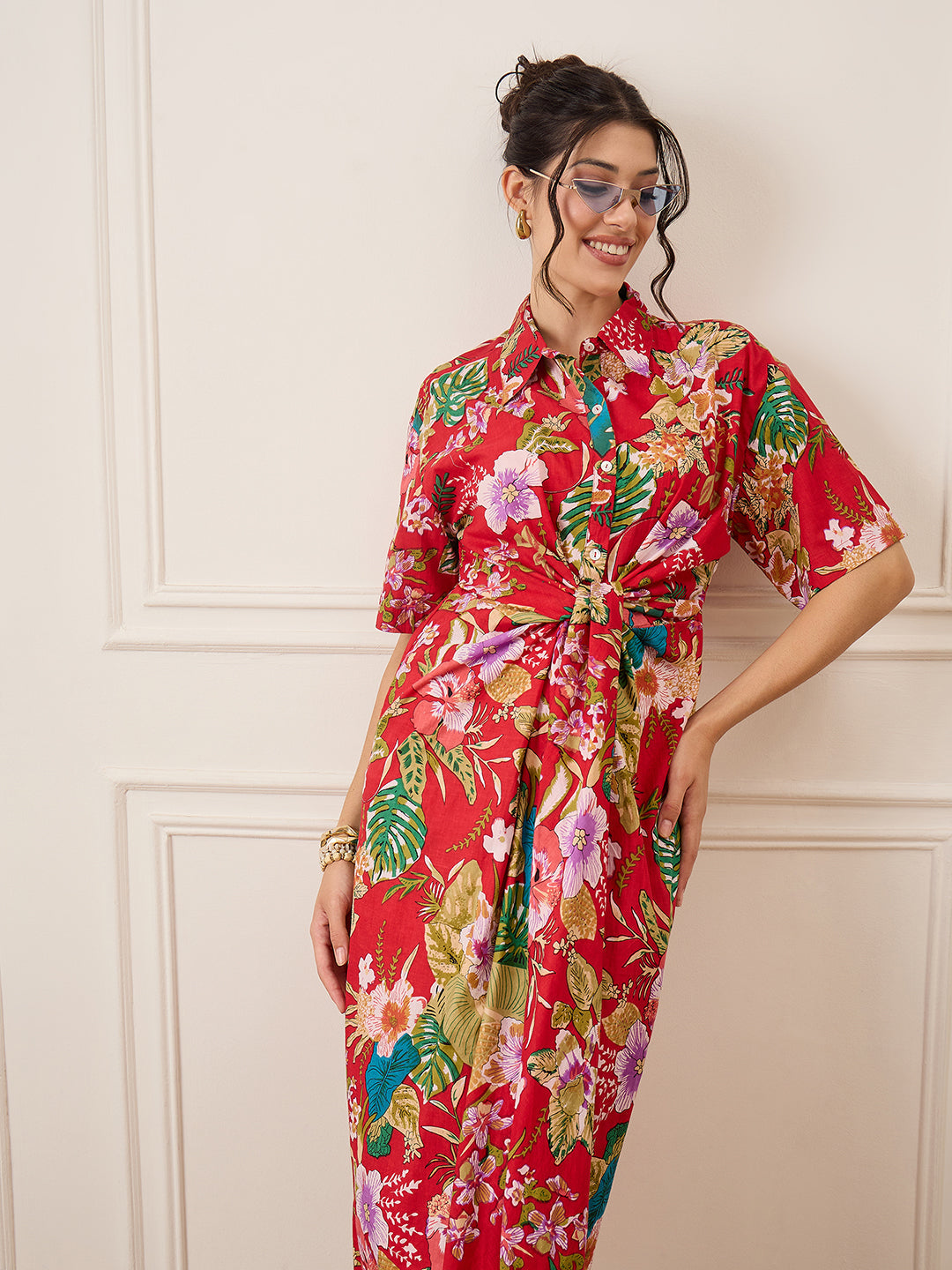 Cotton Twisted Shirt Midi Dress