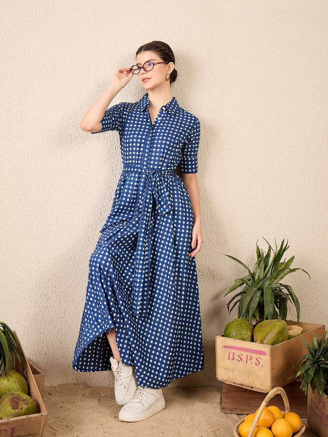 Cotton Buttoned Down Shirt Dress With Belt