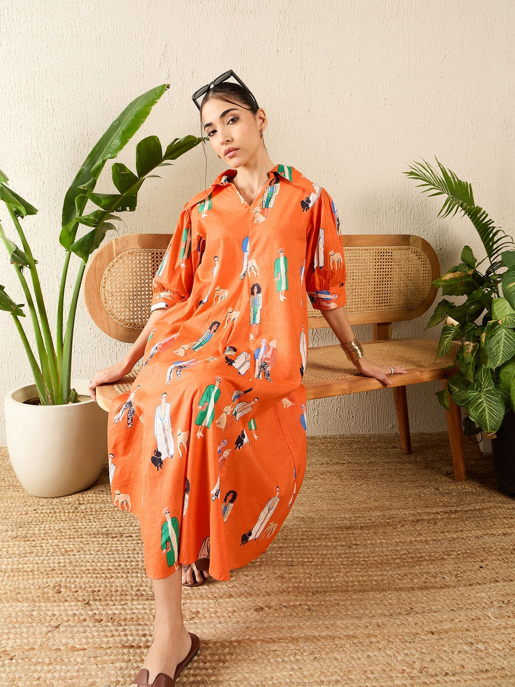 Front Pleated Cotton Midi Dress